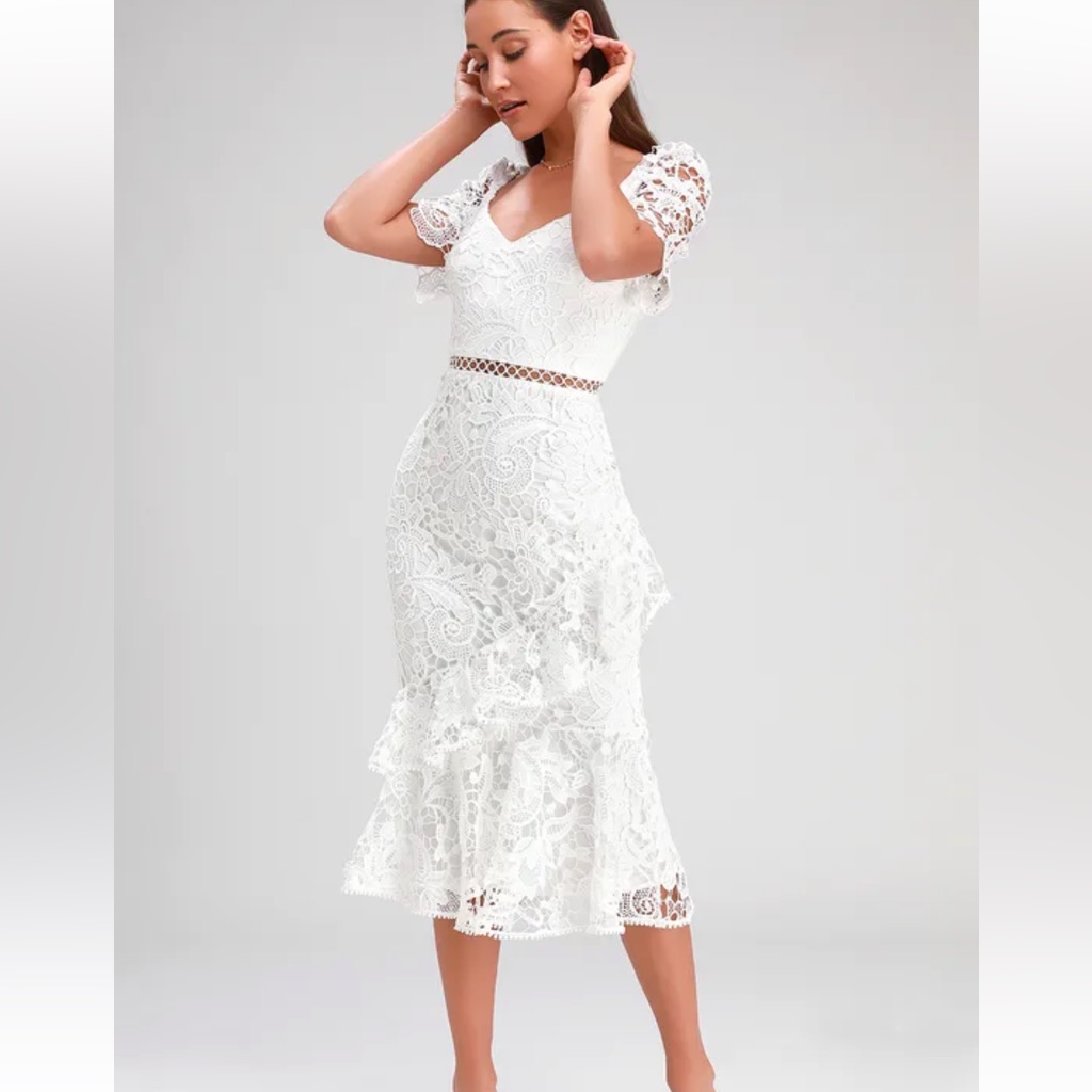 Briarwood White Lace Ruffled Midi Dress